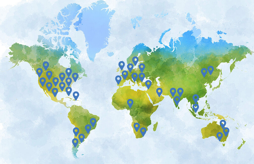World map with blue pins in countries