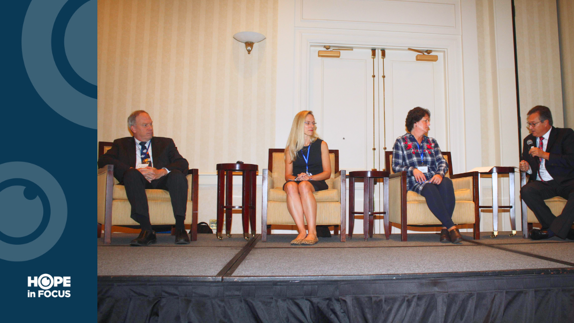 From left, Dr. Wiley Chambers, US FDA; Jennifer Hunt, Editas Medicine, Tami Morehouse, LCA patient; Jeffrey Fineman, panel moderator.