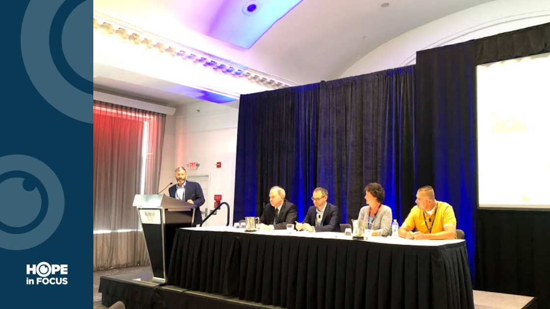 Ben Shaberman (far left), Senior Director of Scientific Outreach and Community Engagement for Foundation Fighting Blindness moderates a four-member panel discussion in a session called “All About Clinical Trials” at the LCA Family Conference in July in Philadelphia.
