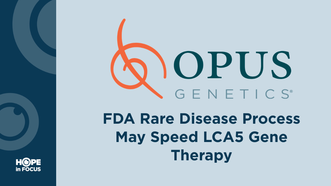 Blue background with the Opus Genetics logo center. Below in blue text, "FDA Rare Disease Process May Speed LCA5 Gene Therapy"