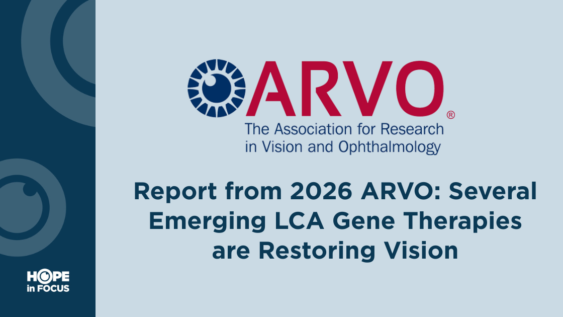 The ARVO logo on blue background with blue text underneath saying "Report from 2026 ARVO: Several Emerging LCA Gene Therapies are Restoring Vision"