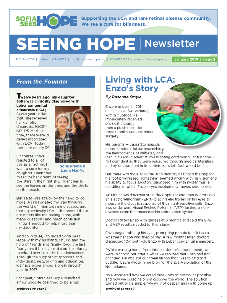 A screenshot of the January 2018 newsletter of 'Seeing Hope'